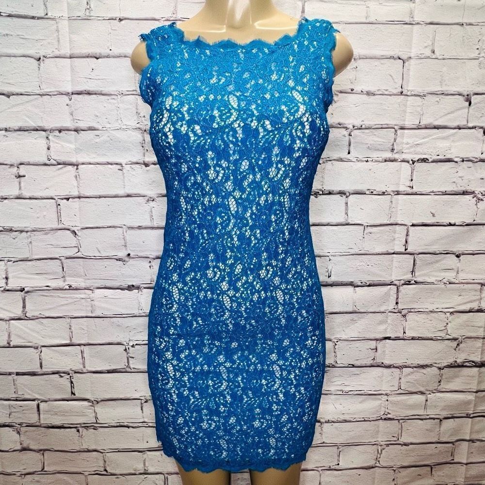 Adrianna Papell Womens Blue Lace Overlay Sleeveless Sheath Dress Size 4